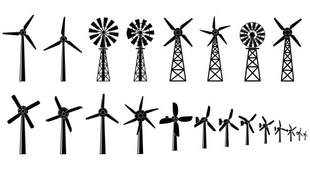 a diverse collection of wind turbines and windmills illustrating renewable energy sustainable power and green energy.