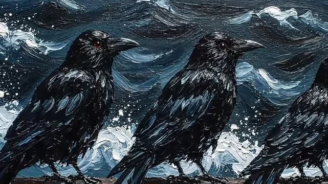 Three black ravens perched on a log with a stormy sea in the background, oil painting style.