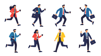 Group of diverse busy professionals running to work with coffee cups and briefcases in a fast-paced urban morning.