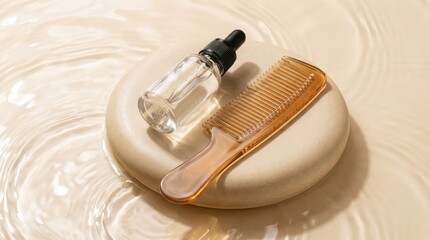 Naklejka premium Hair oil serum bottle and comb mockup on stone in water