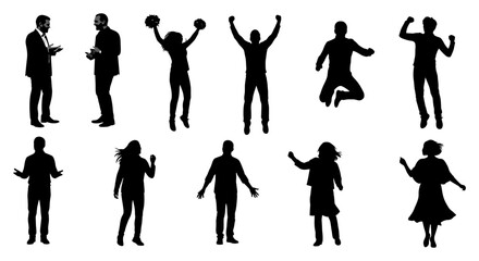Obraz premium black silhouettes of people in action jumping cheering talking gesturing symbolizing success happiness group interaction.