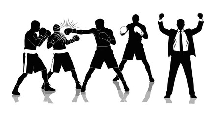 Obraz premium boxing match action with punch impact and a victorious businessman celebrating triumph symbolizing competitive challenge and success.