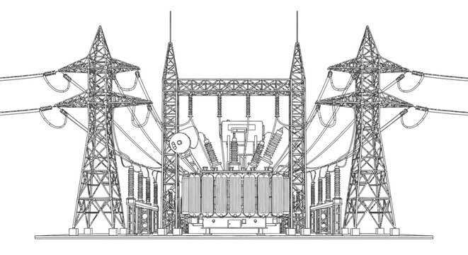 blueprint drawing of an electrical substation high-voltage power transmission towers and transformer illustrating power grid system.