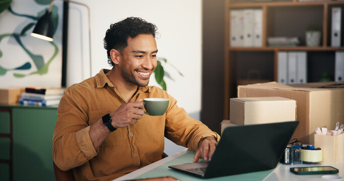 Coffee, ecommerce or entrepreneur with laptop in office, check order status or courier site for tracking. Parcel delivery, tea or happy man with pc to monitor distribution, supply chain or shipping