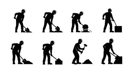Fototapeta premium construction workers performing manual labor shoveling hammering and compacting at a job site illustrating industry work.