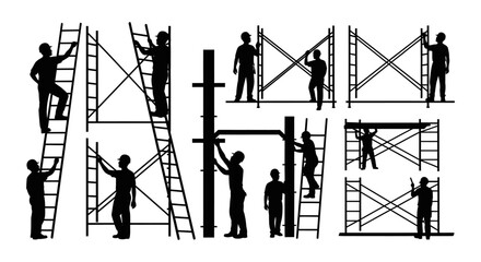 construction workers silhouetted assembling and climbing modular scaffolding illustrating industrial teamwork labor and construction safety practices.