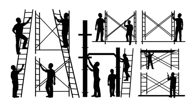 construction workers silhouetted assembling and climbing modular scaffolding illustrating industrial teamwork labor and construction safety practices.