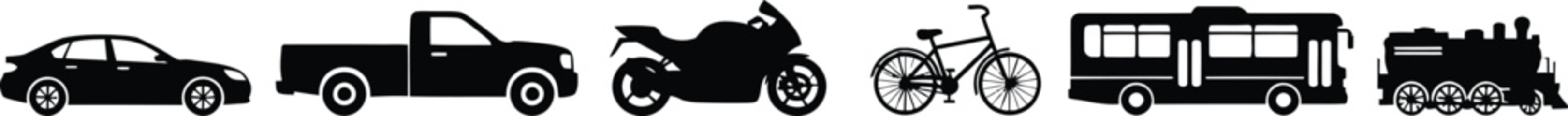 Collection of diverse vehicle icons including car truck motorcycle bicycle RV and train in a simple black silhouette style for transportation themes © Muhammad