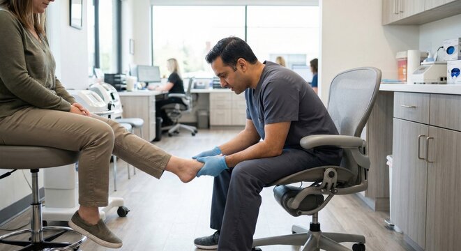 Podiatrist examining patient's foot in modern medical clinic
