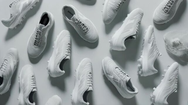 Shoes Top View. Minimalist Football Product Mockup. Editorial Sports Mockup. Plain Soccer shoes arranged symmetrically from a top view, set in a light gray studio background
