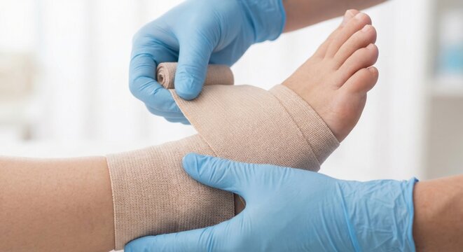 Medical professional applying compression bandage to foot