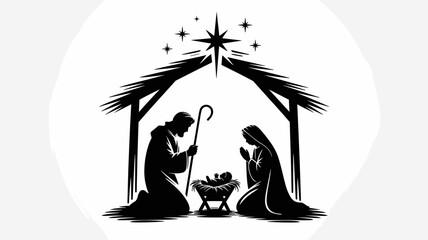 Elegant silhouette of the Nativity scene, featuring Mary and Joseph kneeling beside baby Jesus in a manger under a star-lit sky within a stable, symbolizing Christianity, hope, faith, and the Christma