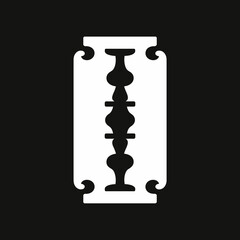 Single White Safety Razor Blade Silhouette Icon on Black Background - Sharp Cutting Edge Danger Concept, Precision Tool for Grooming, Barbershop, Shaving, Hygiene, Safety, Risk, Danger, Abstract Desig