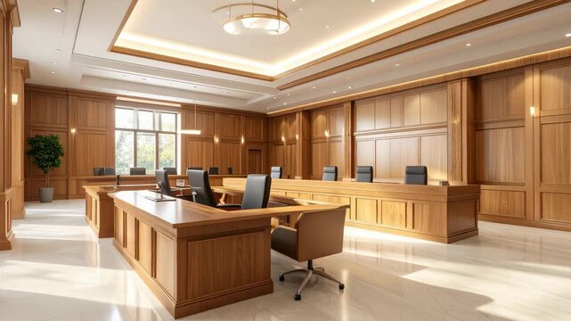 Elegant courthouse interior with polished wood paneling and judge's bench