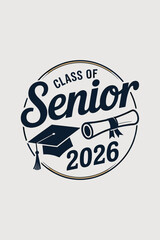 Class of 2026 Senior High School Graduation Icon: Navy Blue Graduation Cap and Diploma Scroll Emblem with Gold Outline, Celebrating Academic Achievement, Future Success, and School Year Milestones for