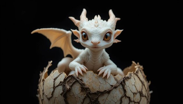 Adorable white dragon hatching from cracked eggshell on black background