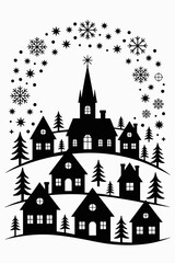 Fototapeta premium Whimsical Silhouette Winter Village Scene: Peaceful Snowy Nightscape with Charming Houses, Tall Church Steeple, and Festive Snowflake Archway, Evoking Cozy Christmas Spirit & Traditional Holiday Nosta