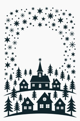 Obraz premium Whimsical Winter Village Silhouette Under a Starry Sky: Festive Christmas Scene Illustration with Snowing Stars and Cozy Houses, Perfect for Greeting Cards, Holiday Decor, and Seasonal Marketing Campa