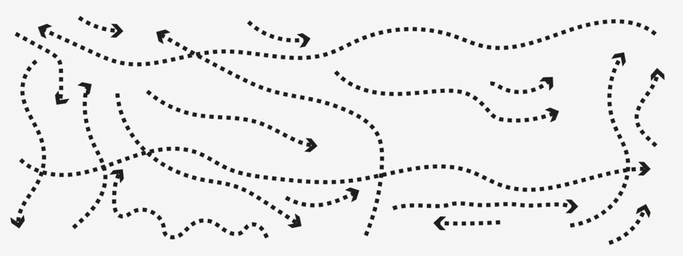 Set of double squiggle line dashed arrows. Dash curved vector editable stroke arrows