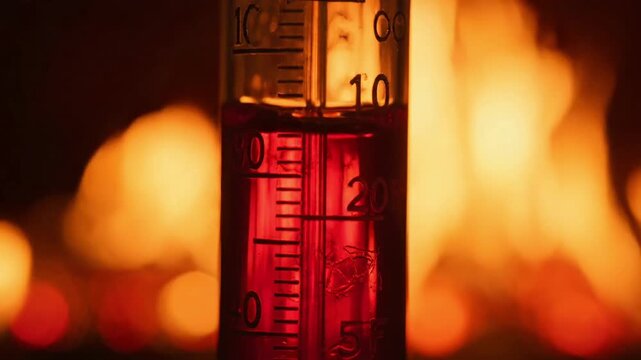 Thermometer showing high temperature against a fiery background.