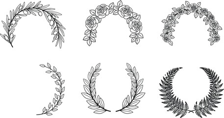 Collection of decorative floral and leaf wreaths hand-drawn botanical elements for wedding invitations and vintage design isolated on white © Muhammad