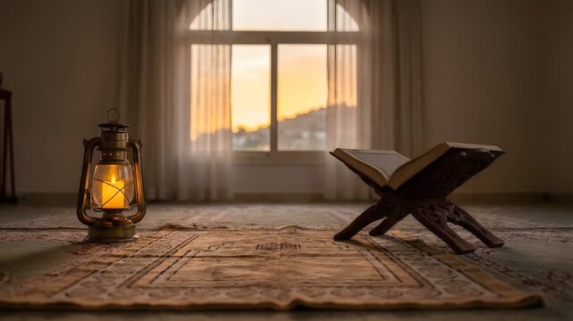 Open Quran on Wooden Rehal with Lantern Light at Sunset