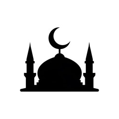 Mosque silhouette with crescent moon.