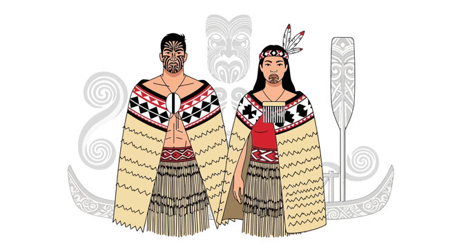 Maori Couple Traditional Attire with Tā moko and Korowai Cloaks