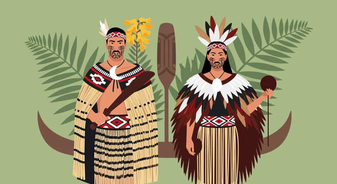 Maori Couple in Traditional Attire with Cultural Symbols