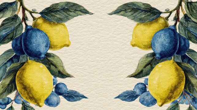 Mosaic Tile Art of Yellow Lemons and Blue Berries with Green Leaves and Cream Background
