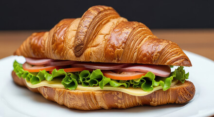 A delicious ham and cheese croissant sandwich on a white plate