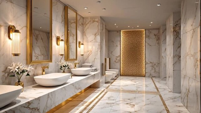 Luxurious modern marble bathroom with golden accents and stylish fixtures