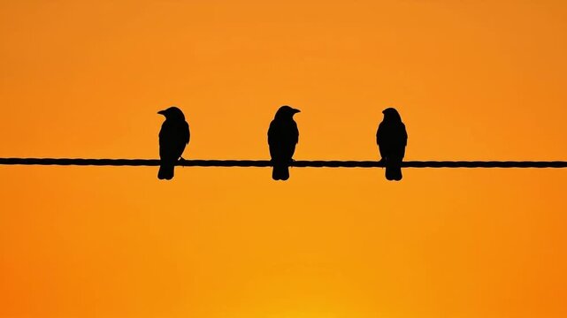 Three Crows Silhouetted Against a Vibrant Orange Sunset Sky Perched on a Wire.