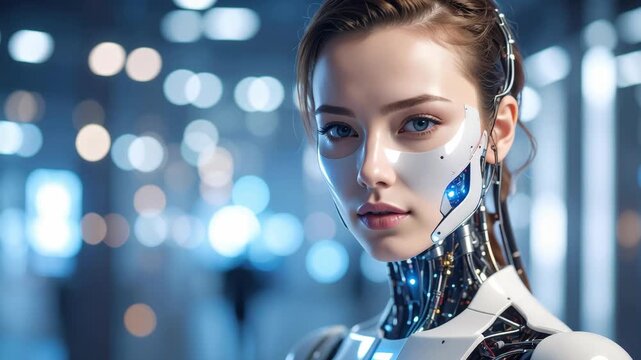 Close up portrait of a realistic android woman with blue eyes and mechanical neck details