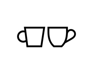 Two simple, modern, minimalist black line art coffee cups side-by-side on a clean white background, representing a cafe, restaurant, or brunch, symbolizing conversation, sharing, or a break, perfect f