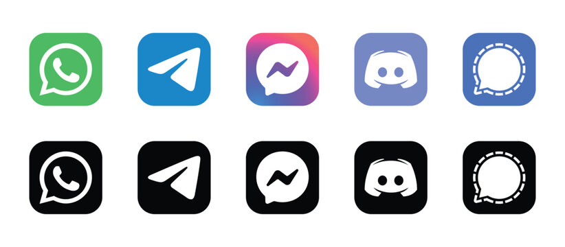 whatsapp telegram messenger discord signal color and black social chat app icon vector set