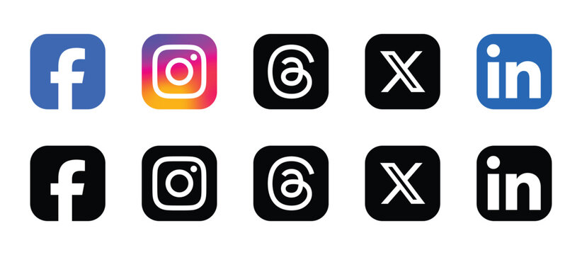social media app logo icon set facebook instagram threads x linkedin color and black vector illustration