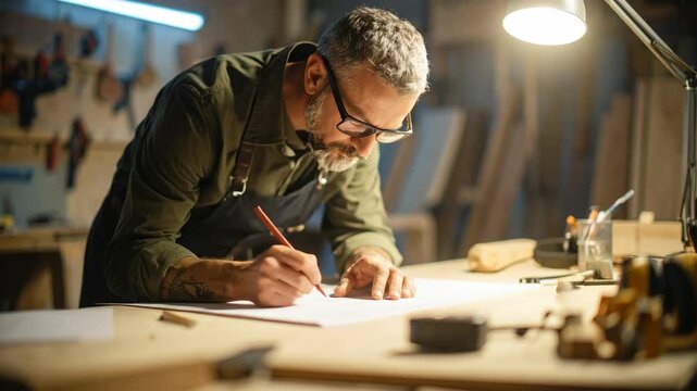 Craftsman drawing blueprint at workbench with lamp light in workshop
