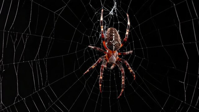 Macro shot of a detailed orb weaver spider perched on its intricate silk web against a dark background.