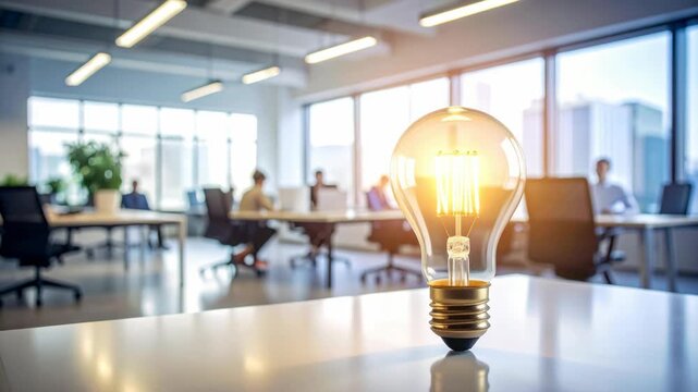 Glowing incandescent light bulb on desk with blurred modern office background and people working