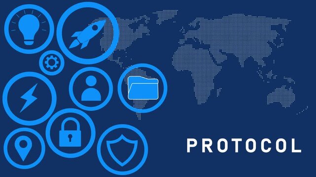 International protocol and communication standards concept with a map and digital on a dark blue background signifying global rules and agreements