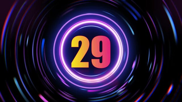 Glowing neon number 29 in colorful gradient animation on dark background with concentric circles
