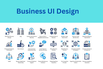 Obraz premium Versatile corporate icons for business role and environmental impact analysis. Illustrations of market awareness, organizational responsibility, business size, stakeholder relations