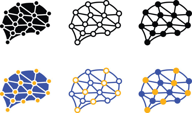 Abstract Digital Brain Neural Network Nodes for Artificial Intelligence Machine Learning and Data Connectivity Technology Vector Silhouette, Pictogram and Line Icon Set.eps