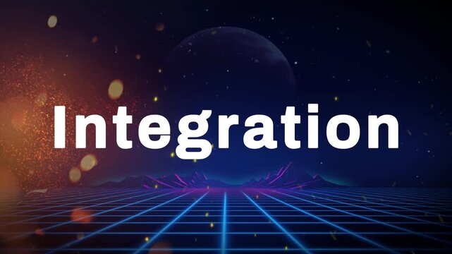 Futuristic grid with neon blue lines and vibrant purple accents against a starry night sky with planets
