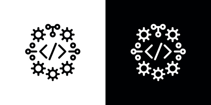 Black and white coding symbols with gears on white and black background