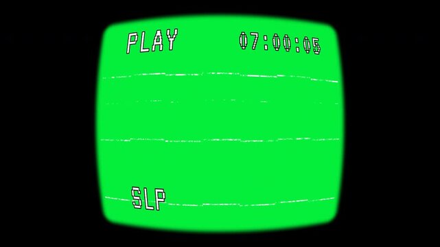 A vintage, curved CRT television monitor displays a bright chroma key green screen alongside classic VHS playback overlays, including a running timecode, tracking distortion, and the word play on top