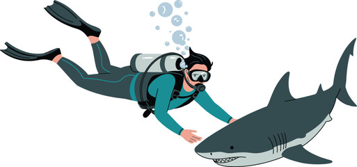 Scuba diver exploring underwater ocean with great white shark, marine wildlife adventure, deep sea diving illustration concept © Shaharia