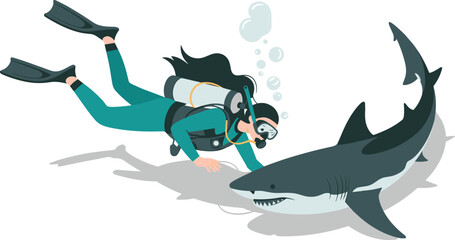 Scuba diver swimming underwater with great white shark, marine life adventure exploration, ocean wildlife danger concept illustration © Shaharia
