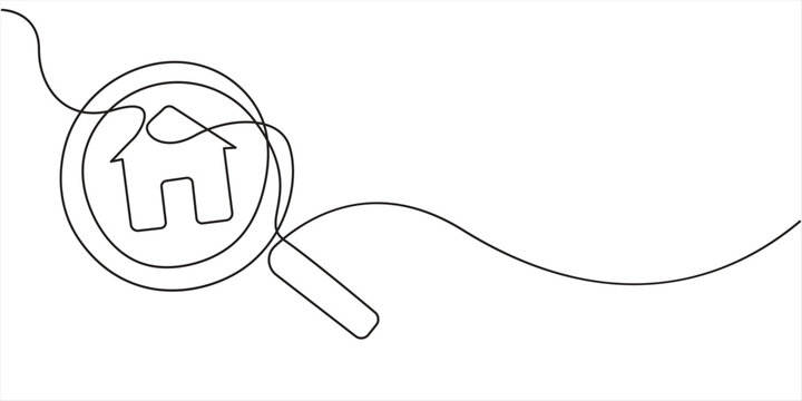 Continuous one line drawing big hand holding magnifying glass highlights the miniature house. Targeting a luxury house to be used as a self reward, Home Search, Model house and magnifying glass.